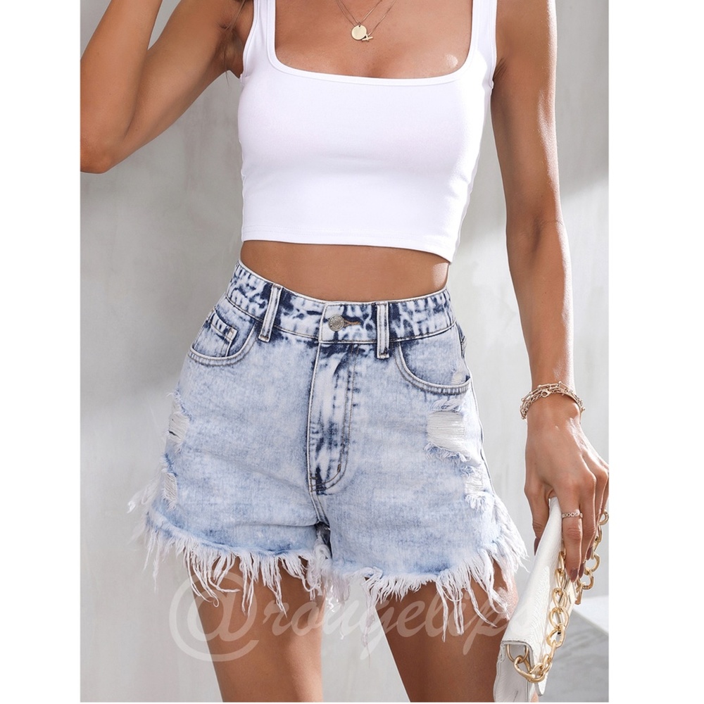 Light Wash Blue Denim Shorts Distressed Ripped High Waist Raw Hem - Picture 5 of 11
